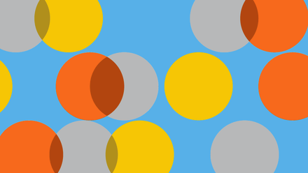 Blue background with overlapping yellow, orange and grey circles