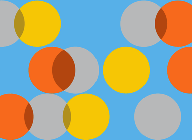 Blue background with overlapping yellow, orange and grey circles