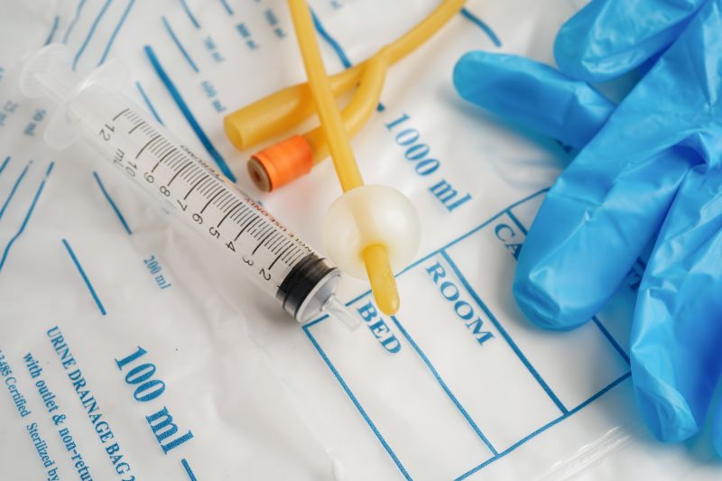 catheter and syringe on a pile of plastic urine bags, a blue gloved hand is visible to the right