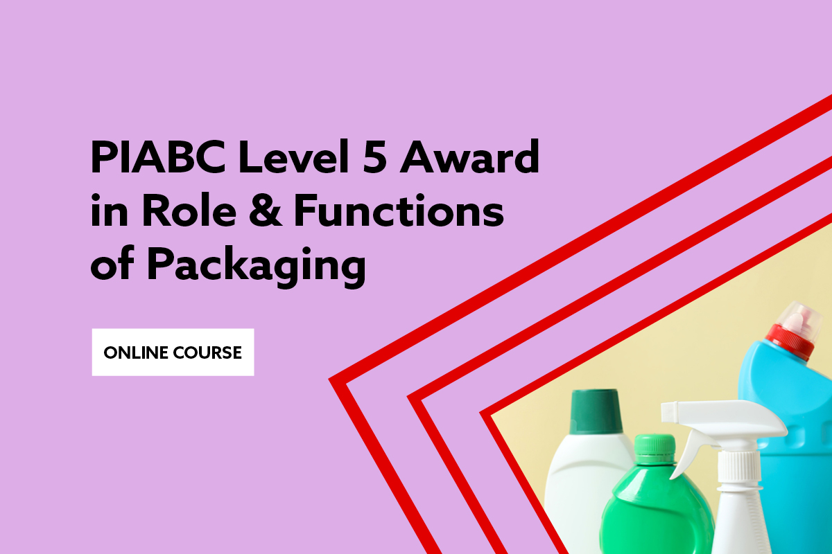 PIABC Levell 5 Award in Role & Functions of Packaging text on lilac background with red accent and image of plastic bottles