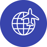 Icon of stylised aeroplane on globe with latitude and longitude lines in white on dark blue background