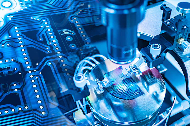 Stock image of a round semiconductor wafer being manufactured by a robotics system