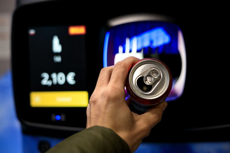 hand placing a used drinks can into a European deposit return machine