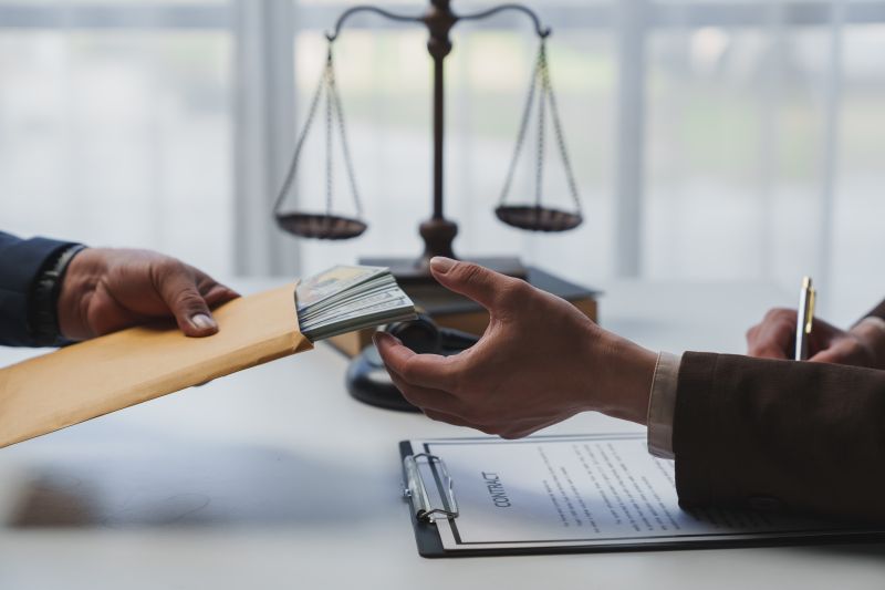 Hand passing brown envelop with protruding money to another hand over a desk with a weighing scales in the background.