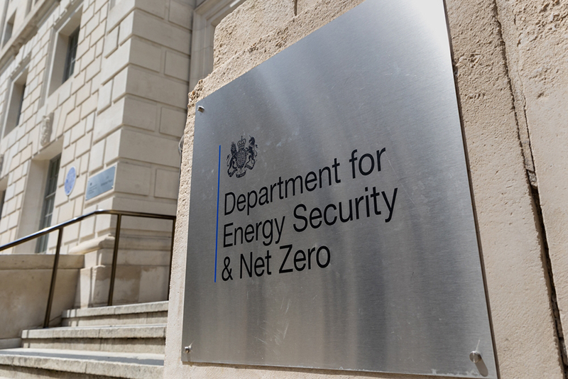 white building with silvery metallic sign reading Department for Energy Security & Nat Zero
