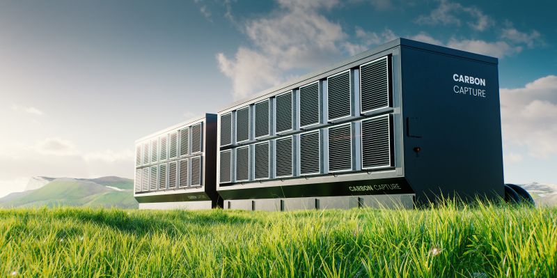 3D rendering of a carbon capture device in a green landscape, symbolizing innovation in climate technology and the pursuit of a sustainable future pictured