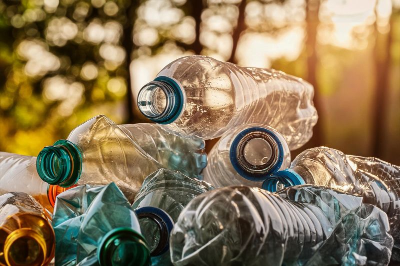 pile of plastic bottles with trees behind