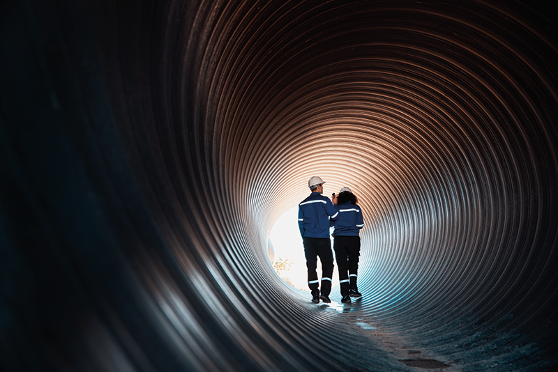 Stock image of two engineers walking into a tunnel of light