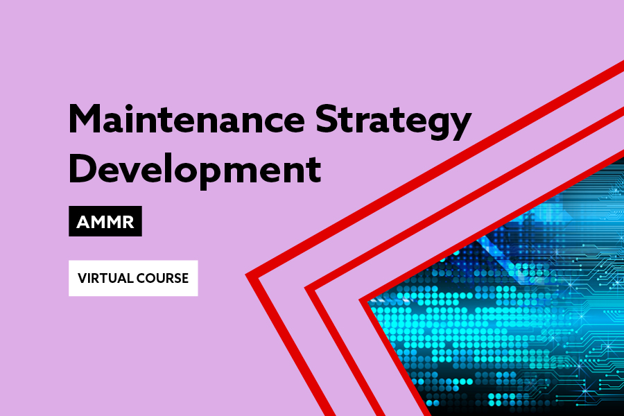 Lilac background with red highlights around an abstract image and text Maintenance Strategy Development virtual course
