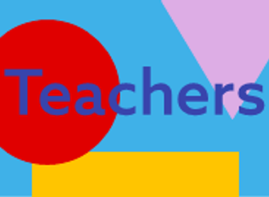 Teachers in violet text on light blue background with red circle on left, yellow rectangle along bottom and lilac triangle at top right