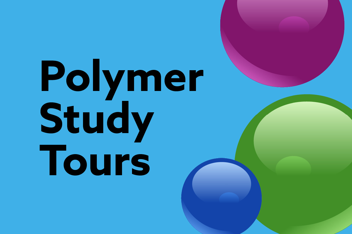 Polymer Study Tour log on light blue background with dark blue, purple and dark green spheres