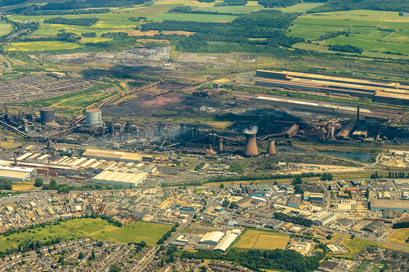 Stock aerial view of the Scunthorpe blast furnace steel production site