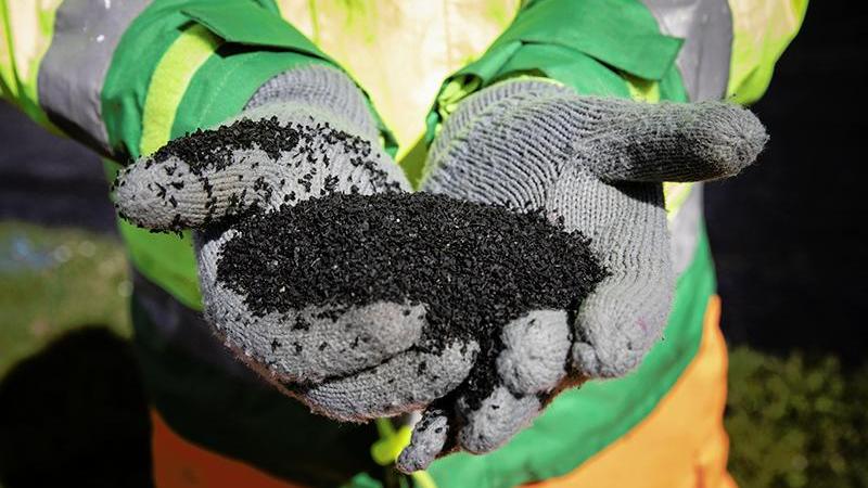 Close up of gloved hands holding a black powder.  The person is wearing safety clothing. 
