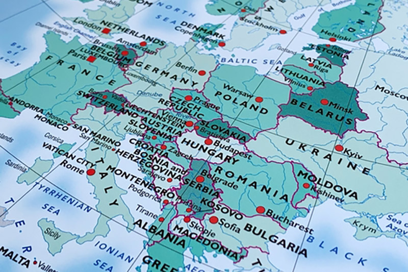 map of Europe with red dots on capital cities