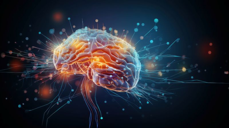 A digital rendering of a human brain showcasing neural pathways and connections as a complex network of light.