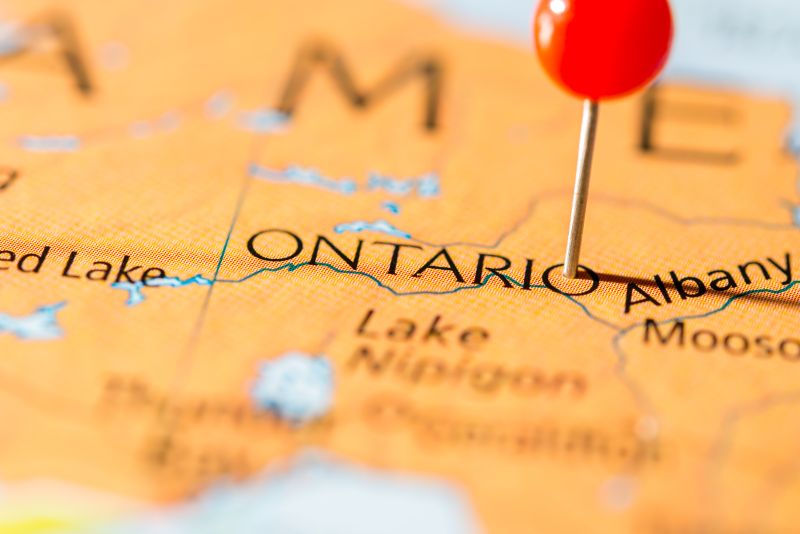 map showing Ontario with a red pin stuck in the region