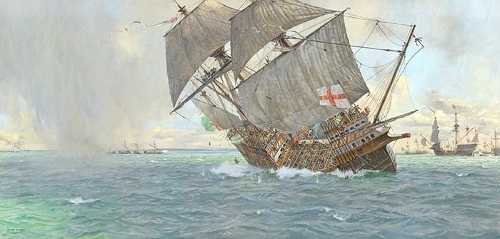 The Mary Rose sinking in battle against the French Navy in 1545. Painted by Geoff Hunt courtesy of The Mary Rose Trust