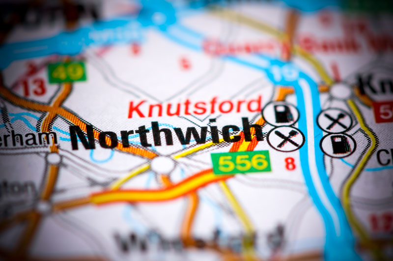 A close up of a coloured map showing Northwich, UK