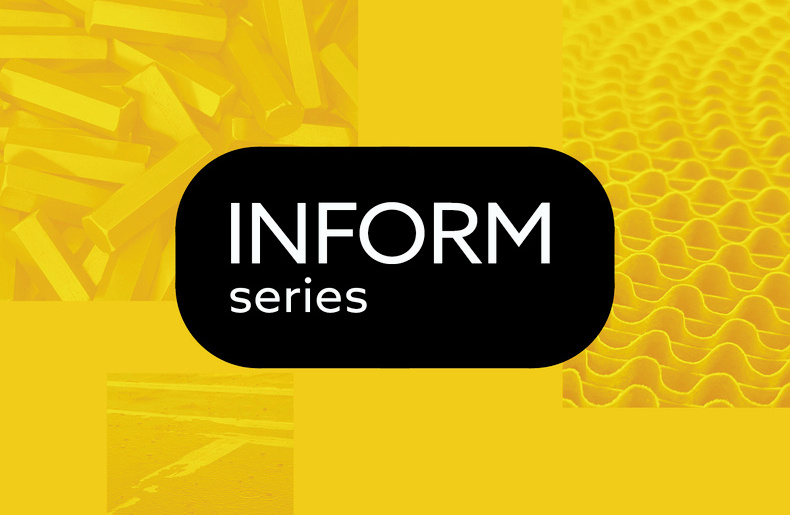 Yellow collage background of textured materials with a black, rounded rectangle centred, displaying the white text 'INFORM series' in bold font  IOM3