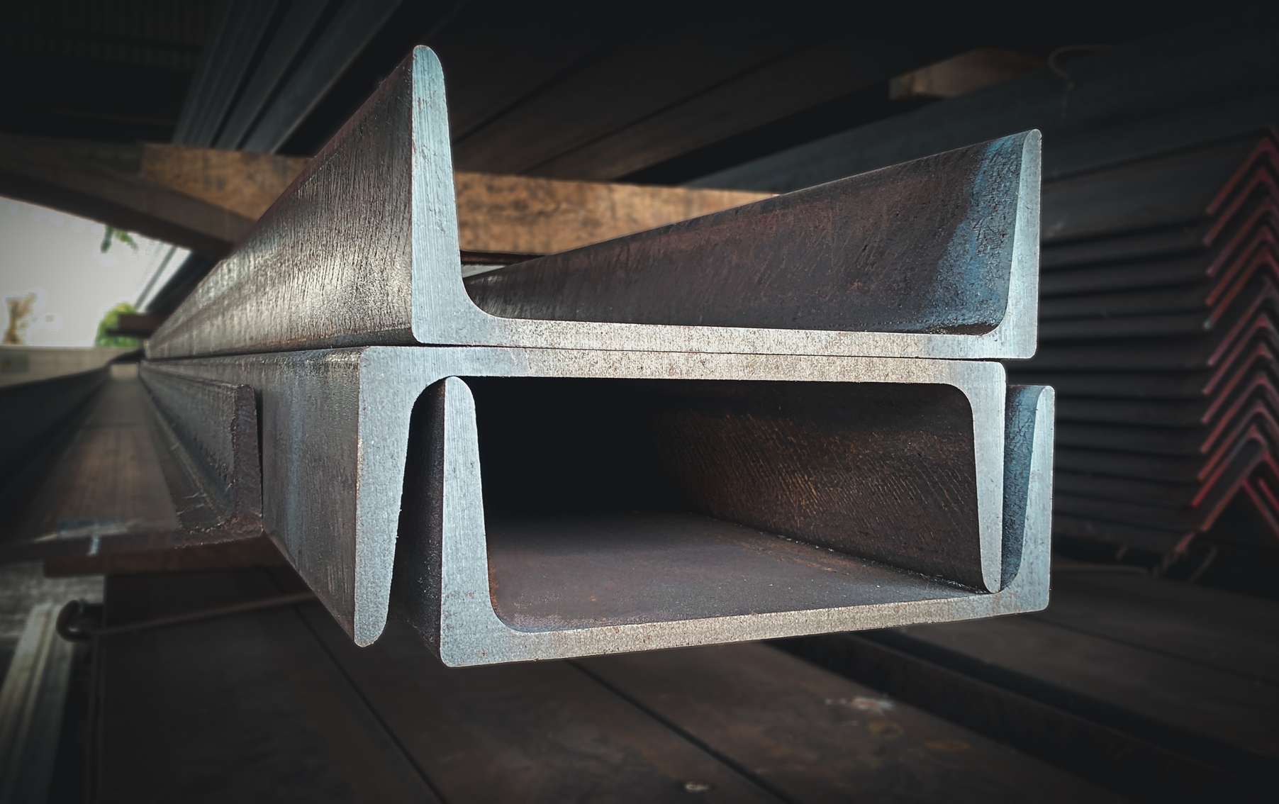 End on, close up view of steel channels