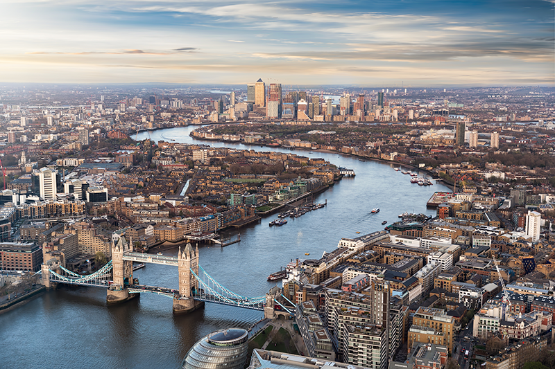 Stock image of the River Thames from above, starting from Tower Bridge and stretching to Canary Wharf