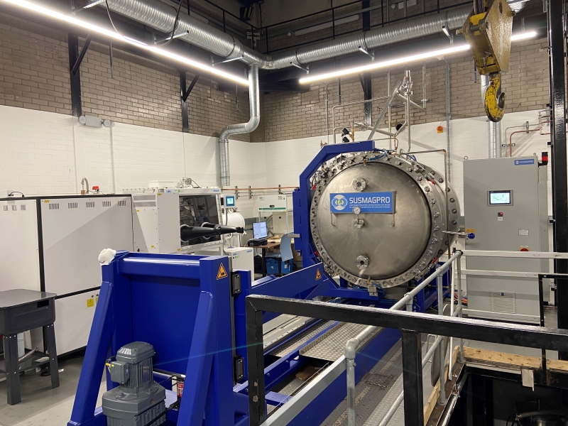 pilot facility for battery recycling, blue and silver apperatus