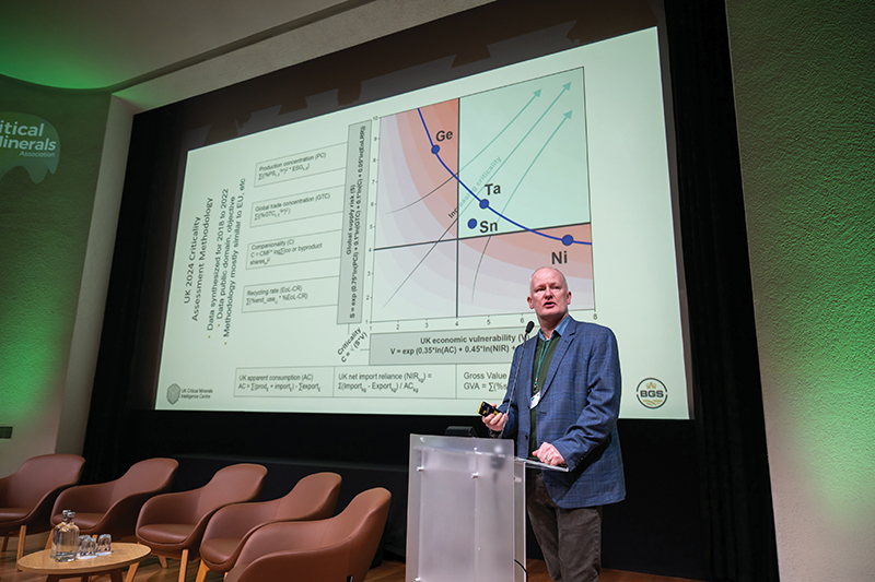 Man in a blue jacket and green shirt stands in front of a slide show
