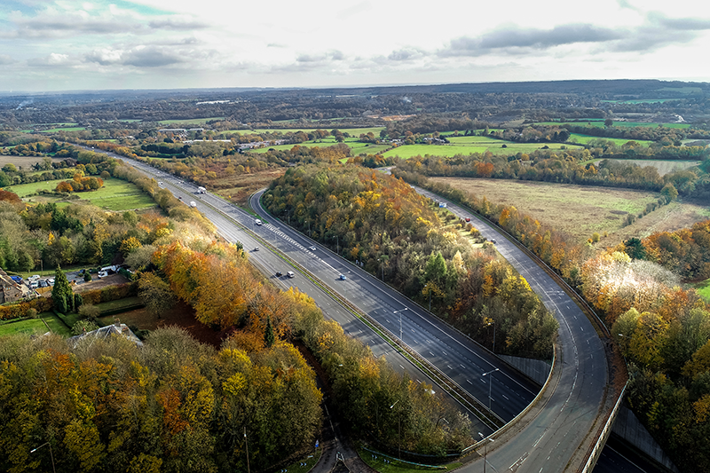 Stock image of sections of the M20 and A20 highways crossing over near Maidstone, Kent, UK