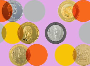 lilac background with overlapping circles and IOM3 medals scattered accross, the circles are grey, orange and yellow