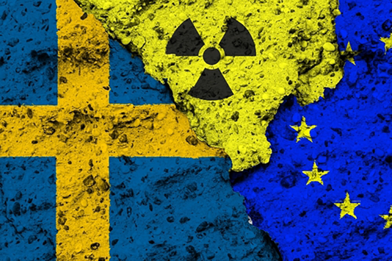 A graphic showing the Swedish flag on the left, next to part of the radiation symbol, and the EU flag on the left.