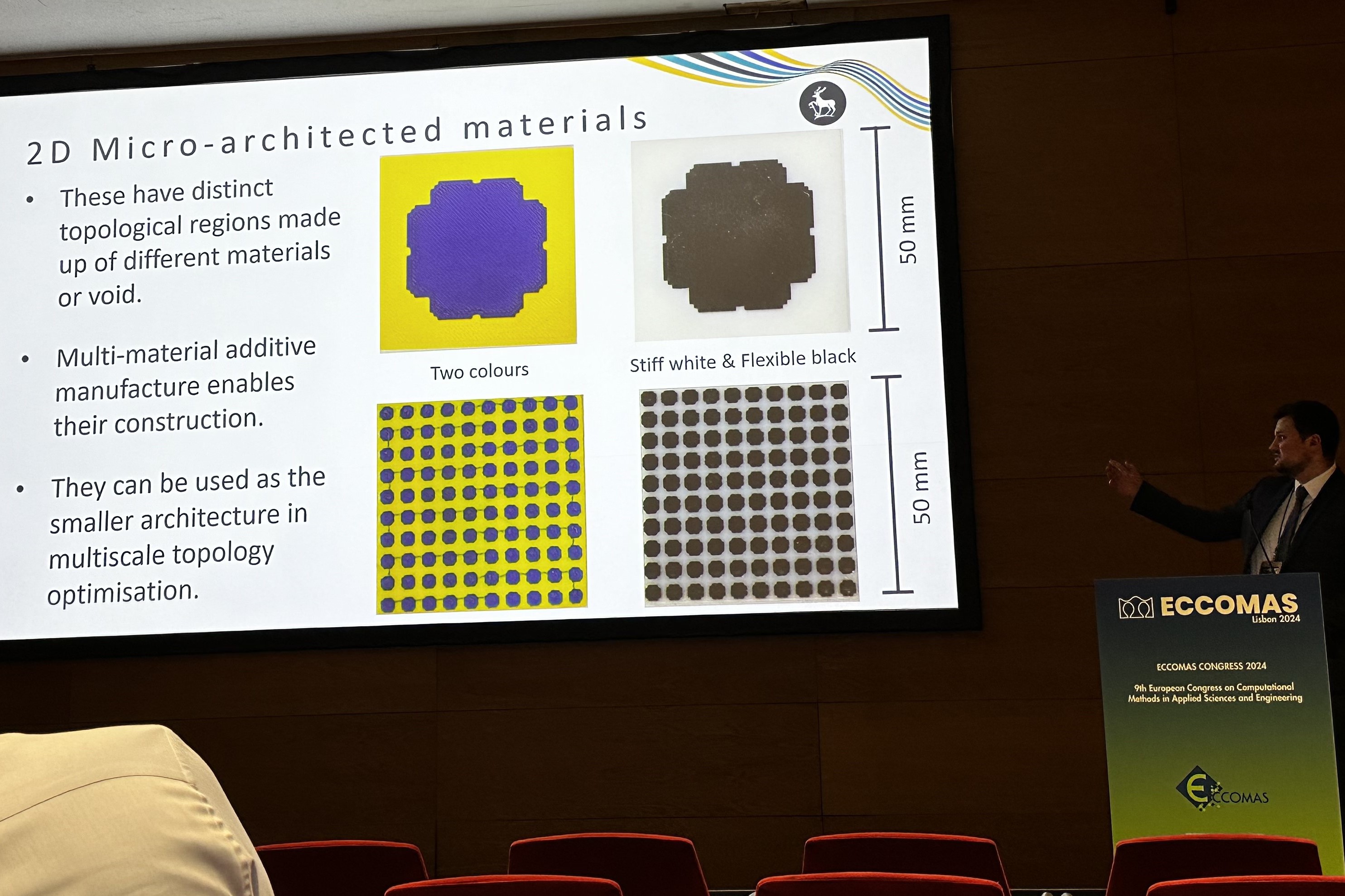 A darkened room with a large screen showing a presentation, speaker to the right