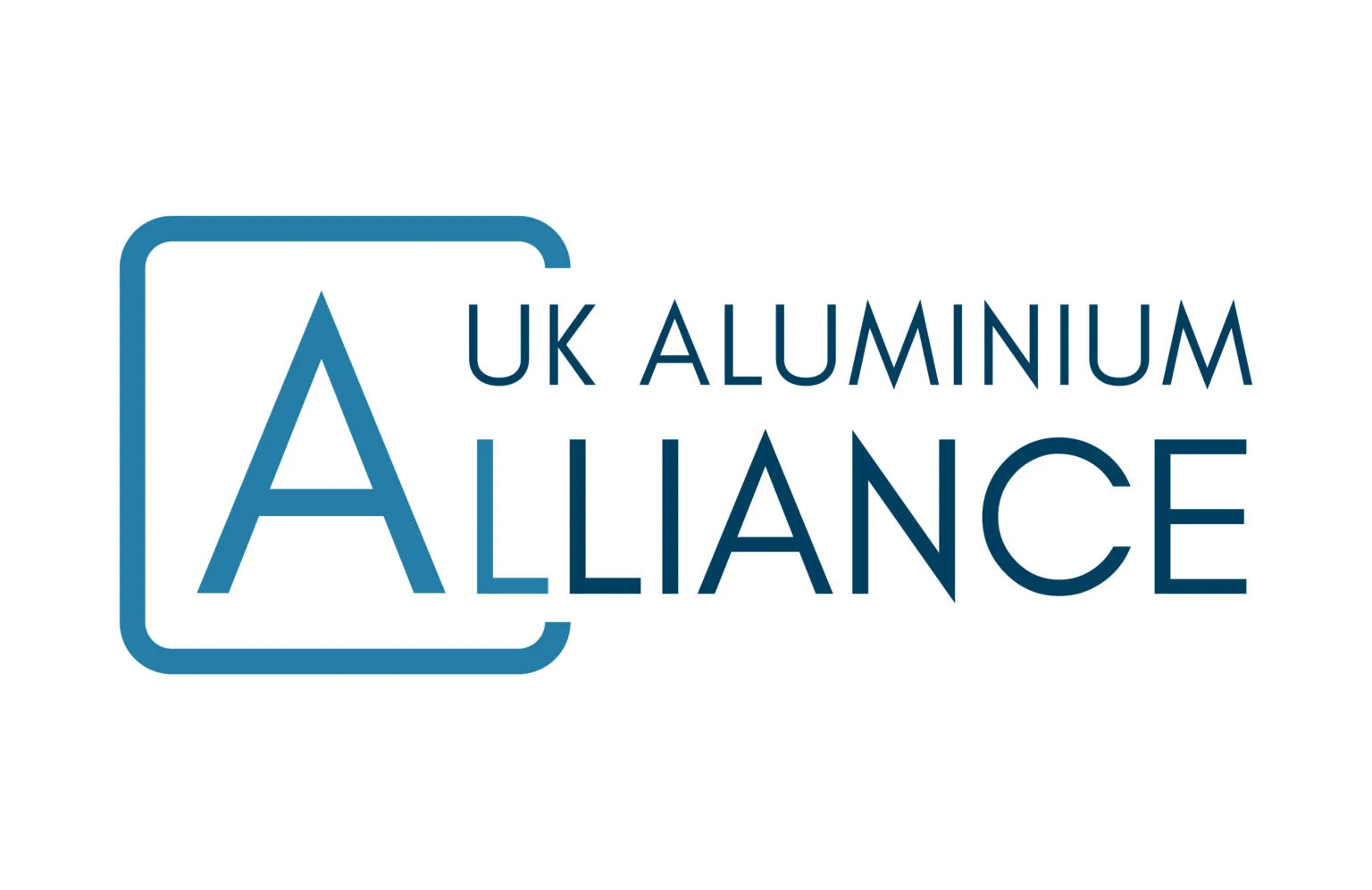 UK Aluminium Alliance logo, curved partial square encasing the letters ALU of the full name in blue, the other letters are in black, all capitalised