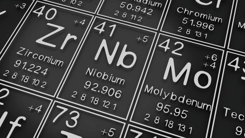 Zirconium, Niobium and Molybdenum elements depicted on a close up of the periodic table on a black background pictured