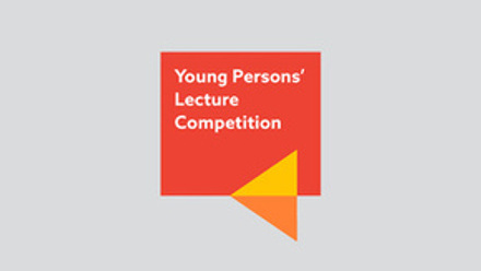 Young Person's Lecture Competition graphic, white text on red background with triangle motif