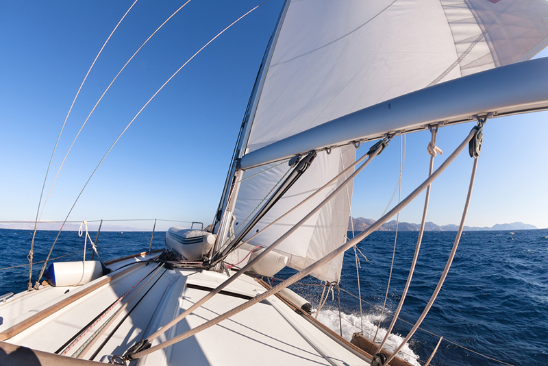 Sailing boat wide angle view in the sea 