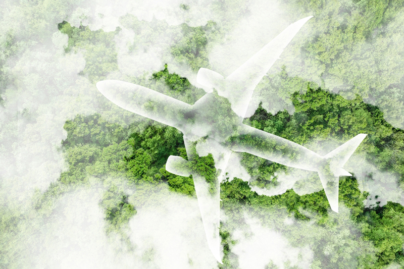 transparent aircraft shape overlaid on clouds above lush green trees