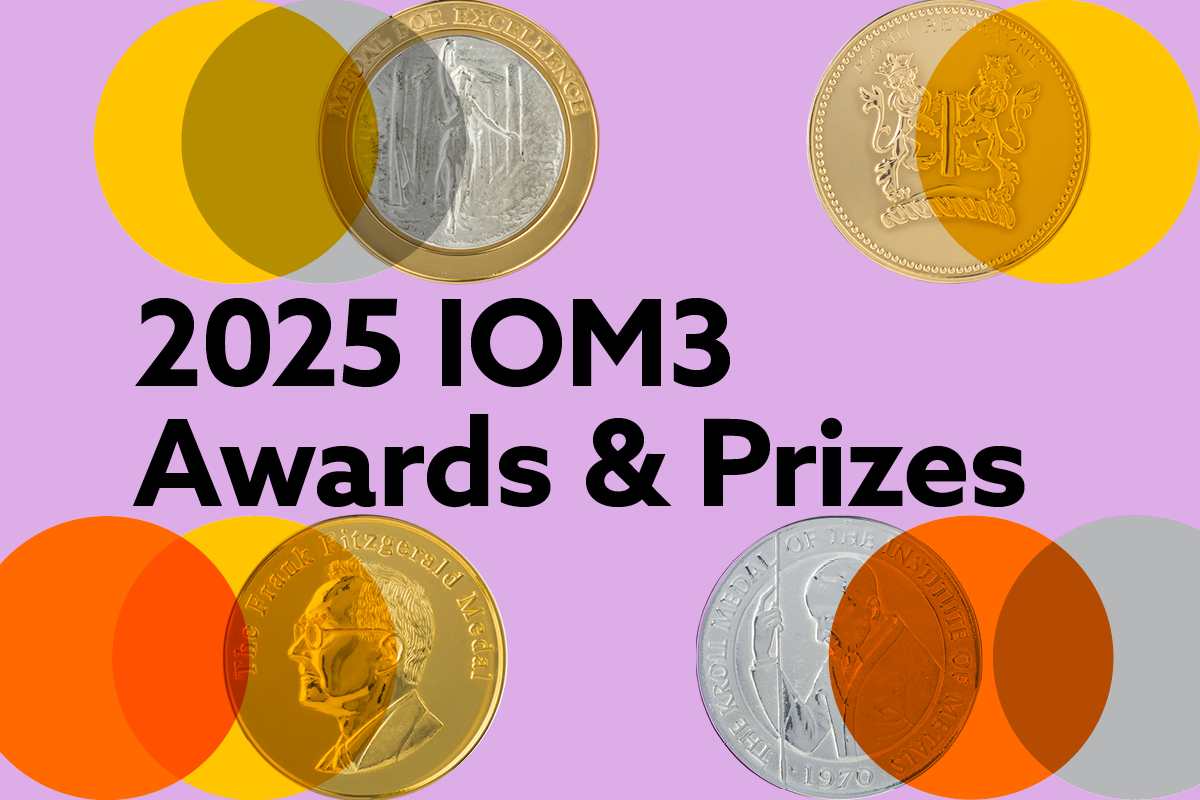 lilac background with overlapping circles and IOM3 medals scattered accross, black text reads 2025 IOM3 awards & prizes