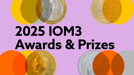 lilac background with overlapping circles and IOM3 medals scattered accross, black text reads 2025 IOM3 awards & prizes
