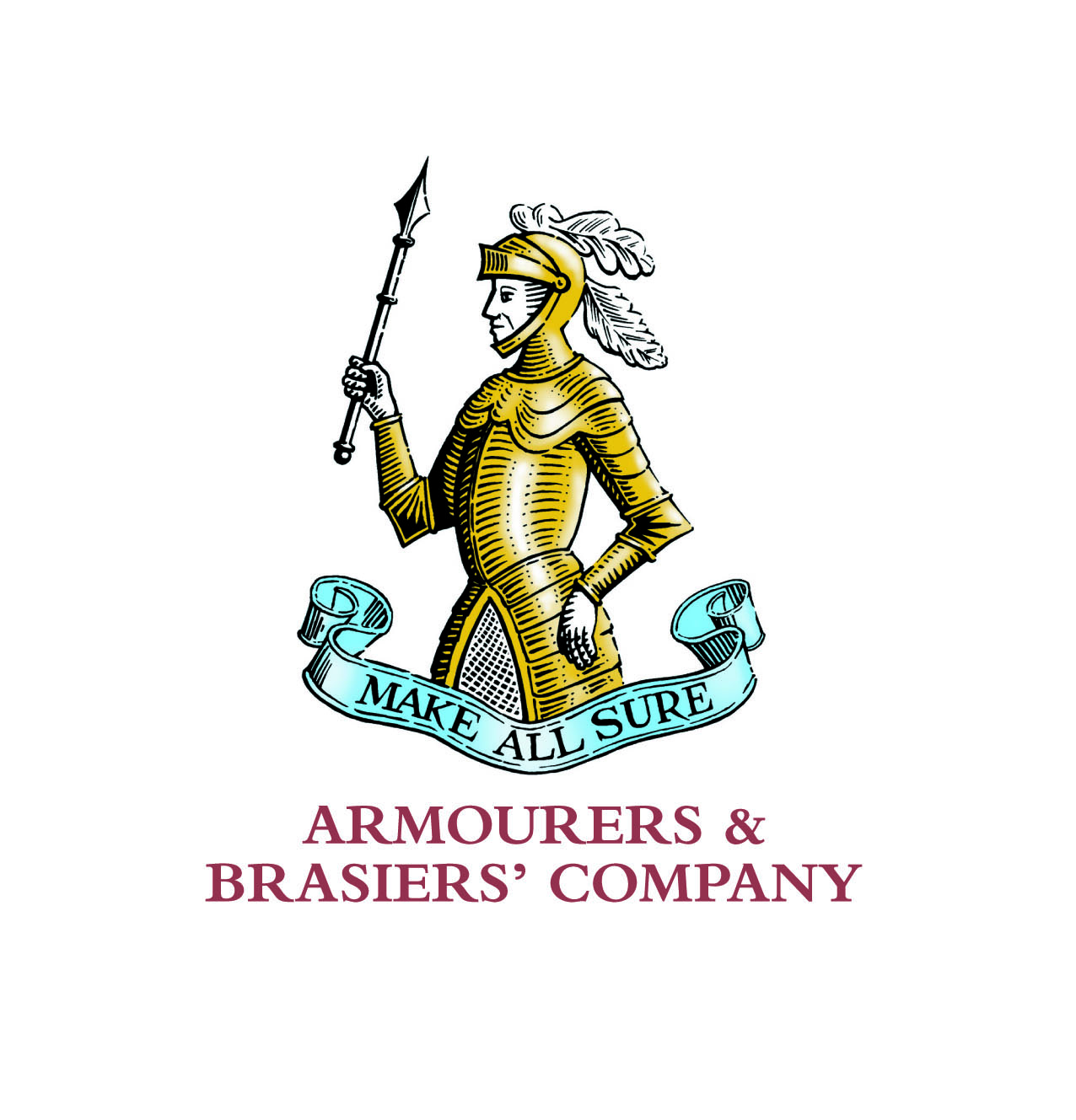 Armourers & Brasiers demiman logo - knight in golden armour looking left with company motto beneath