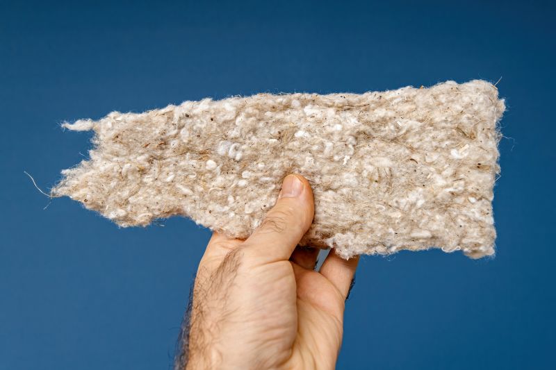 A male hand holds bio-sourced thermal and acoustic insulation made from hemp against a blue background
